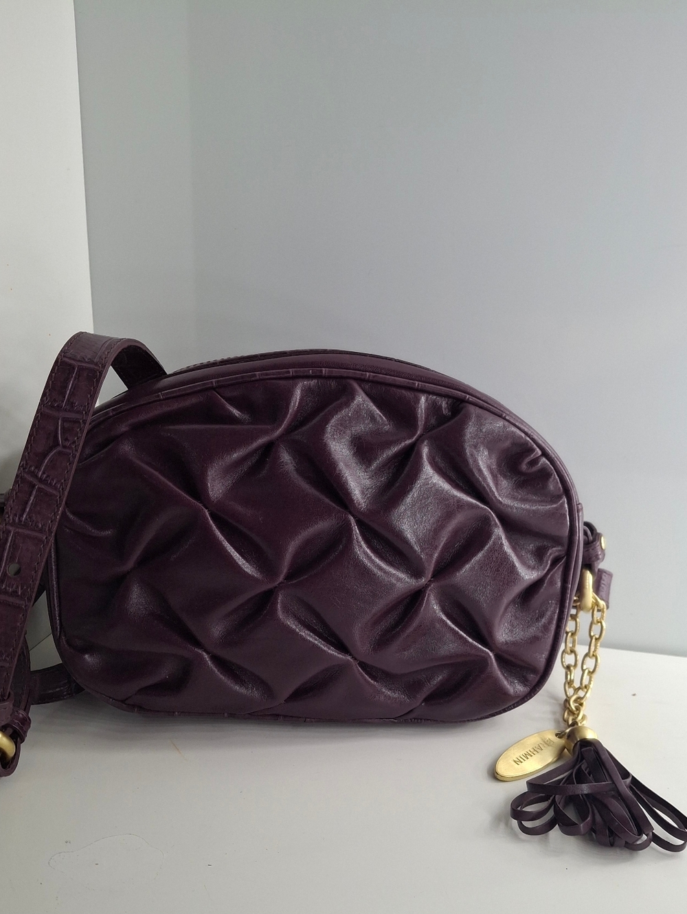 Brahmin Vintage Magnolia Tassel Crossbody Bag Plum Leather Croc Trim RARE